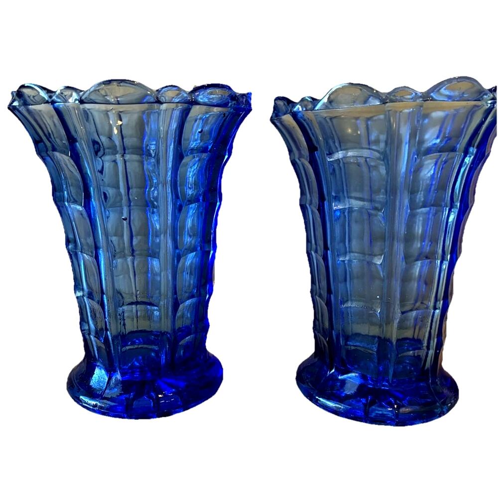 2 Vintage Cobalt Blue Pressed Glass Vases Ruffled Scalloped Edge Mid Century